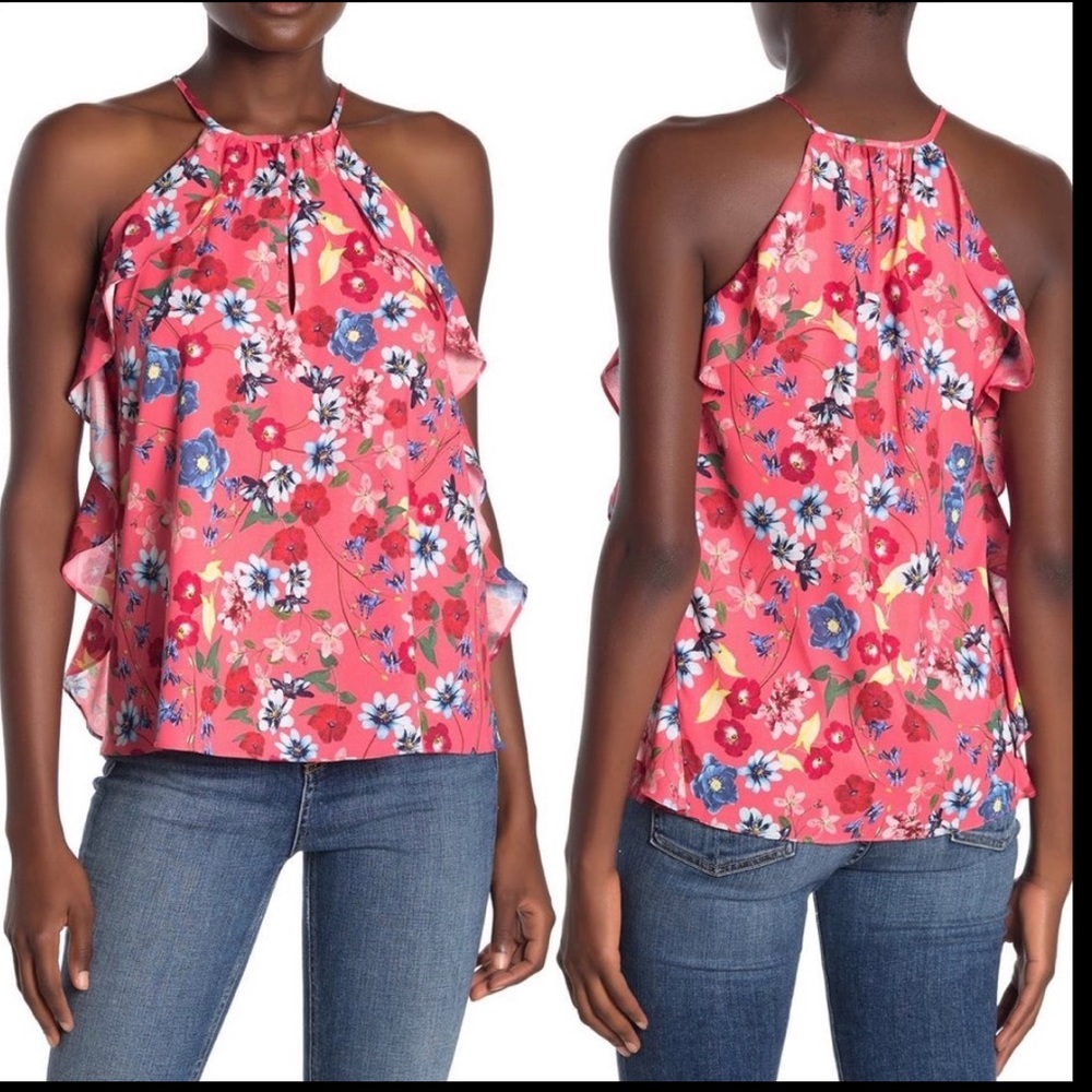Parker Floral Print Keyhole Ruffle Tank Top Coral Size Small NWT